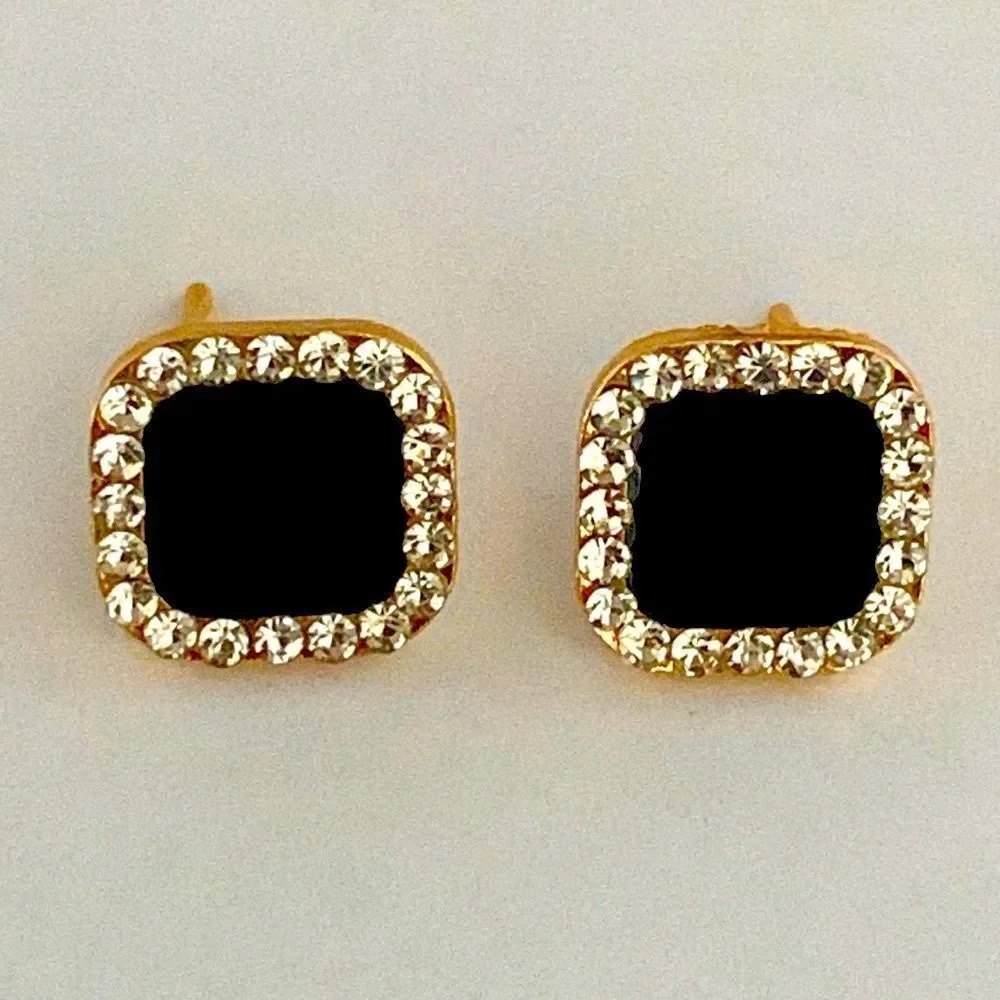Art Deco 1820s Style Square Studs Faux Black Onyx with Rhinestones